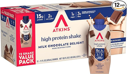 Atkins Milk Chocolate Delight High Protein Shake, 15g Protein, 2g Net Carb, 1g Sugar, Keto Friendly, Chocolate Flavored Protein Shakes, 12 Count