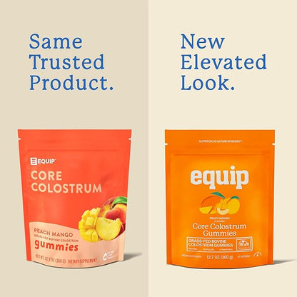 Equip Foods Core Bovine Colostrum Gummies, Delicious 1g Per Seving Grass Fed Colostrum Supplement - Gut Health, Immunity, Recovery, Hair & Skin - 60 Bovine Colostrum Gummies, 30 Servings, Peach Mango