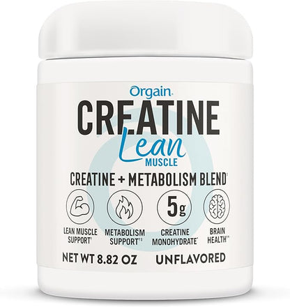 Orgain Micronized Creatine Monohydrate Lean Muscle Powder with Metabolism Blend, Unflavored, 50 Servings, Supports Muscle Strength and Brain Health, No Dairy or Soy, Gluten Free, Vegan
