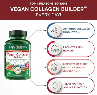 Purity Products Vegan Collagen Builder - Organic Whole Foods Fruits + Veg, Silica, Lutein, Vitamin C, Biotin, Grape Seed - Amino Acids Glycine, Lysine + Proline Collagen Boosters - 90 Tablets