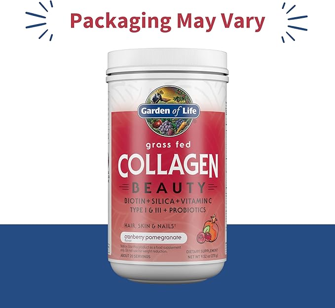 Garden of Life Grass Fed Collagen Beauty - Cranberry Pomegranate, 20 Servings, Powder for Women Men Hair Skin Nails, Hydrolyzed Collagen Peptides Protein Powder Supplement
