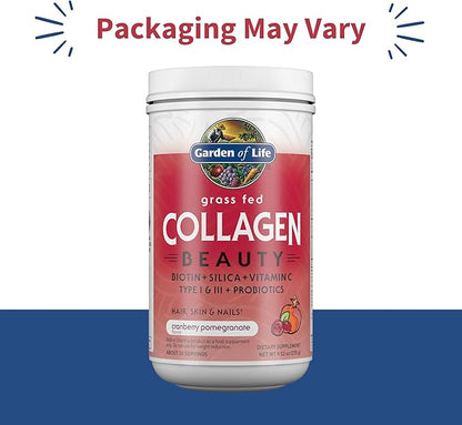 Garden of Life Grass Fed Collagen Beauty - Cranberry Pomegranate, 20 Servings, Powder for Women Men Hair Skin Nails, Hydrolyzed Collagen Peptides Protein Powder Supplement