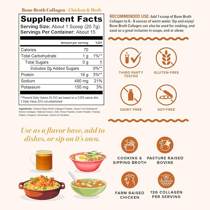 Vitauthority Bone Broth Collagen Delicious Chicken Noodle Flavored - Packed with 16g of Protein & Types I, II, III - Nourishes Skin, Hair, Nails, Joints, & Gut - Beef BoneBroth
