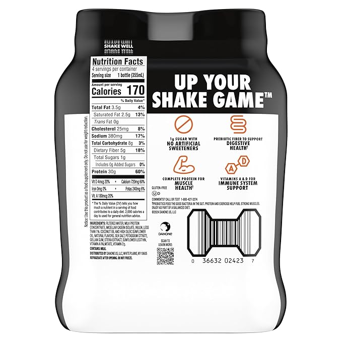 Oikos Protein Shake, Salted Caramel, 30g High Protein Drinks, Shelf Stable, Ready to Drink, 5g Prebiotic Fiber, 12 fl oz Bottle, 4 Count