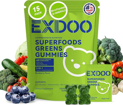 Super Greens Fiber Gummies Multivitamin Superfood Gummy with Spirulina Chlorella Prebiotic Probiotic Postbiotic for Digestive Health Supplement 15 Packs 120 Gummies