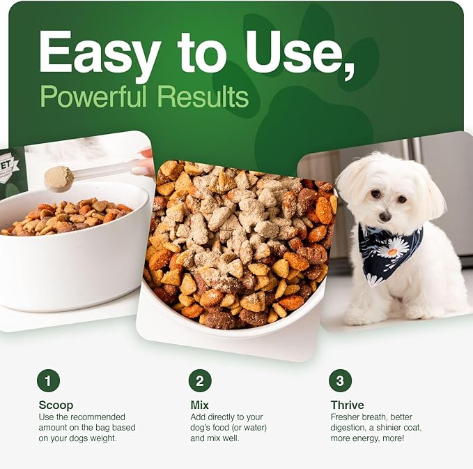 Human-Grade Superfood For Dogs, Premium Greens Powder Supplement For Dental Health, Longevity, Hip & Joint, Gut Health, Allergies, Immune Support, Skin & Coat - 3.5 oz Nutrient Dense Formula