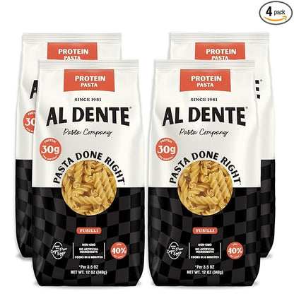 Al Dente Protein Pasta Fusilli – 30g High Protein in 3.5oz Serving, Lower Carb, High Fiber. Artisanal Flavor: Cage-Free Eggs & Semolina. (Previously Carba-Nada, Packaging May Vary). 12oz Bags (Pack of 4)
