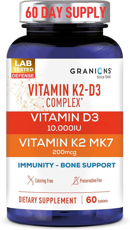 Granions Max Strength Vitamin D3 K2 Supplement - 250mcg (10,000 IU) D3 + 200mcg Vitamin K2 (MK-7) - Vitamins for Bone Health, Immune Support Supplements VIT K2D3-2 Month, 60 Tablets