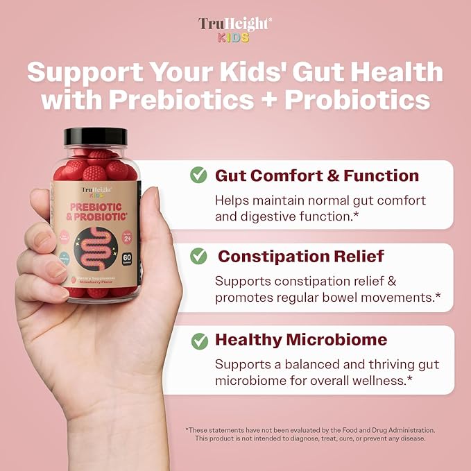TruHeight Kids Prebiotic & Probiotic Gummies Ages 2+ (Strawberry Flavor) Toddlers & Kids All Natural Gut Health, Digestive Enzymes, Stomache Ache, Constipation Relief Supplement - Pediatric Vitamins