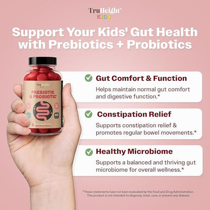 TruHeight Kids Prebiotic & Probiotic Gummies Ages 2+ (Strawberry Flavor) Toddlers & Kids All Natural Gut Health, Digestive Enzymes, Stomache Ache, Constipation Relief Supplement - Pediatric Vitamins