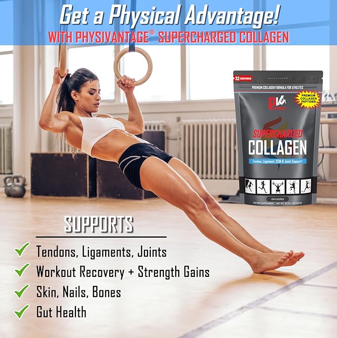 PhysiVantage Supercharged Collagen Peptides Powder - Hydrolyzed Collagen for Joint, Tendon, Ligament, & Skin Health Support - Unflavored, Keto, Paleo, 16oz | Enhanced with Vitamin C, BCAAs, Grass-Fed