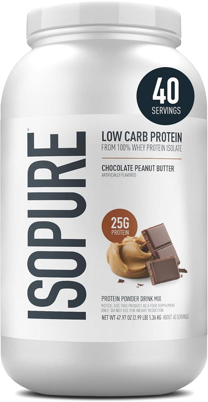 Isopure Low Carb 100% Pure Whey Isolate Protein Powder, Gluten Free, With Vitamins, Chocolate Peanut Butter, 25g Protein Per Serving, 3 Lbs, 40 Servings (Packaging May Vary)