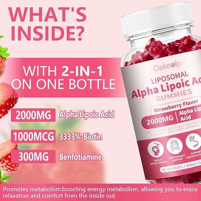 3 Pack Liposomal Alpha Lipoic Acid Gummies 2000mg Gummies,High Potency ALA Complex Biotin & Benfotiamine for Antioxidant, Brain Health and Nerve* Support,Liposomal Enhance 98% Absorption