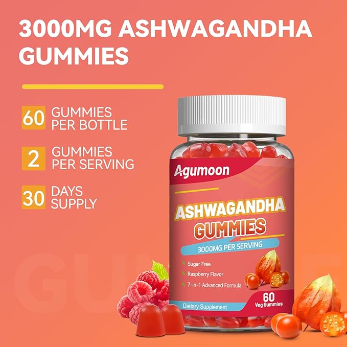 2 Pack Ashwagandha Gummies 3000mg for Stress Relief, Calm & Relaxation Support with Magnesium & Vitamin D, Vegan, Gluten-Free, Natural Raspberry Flavor, 120 Count