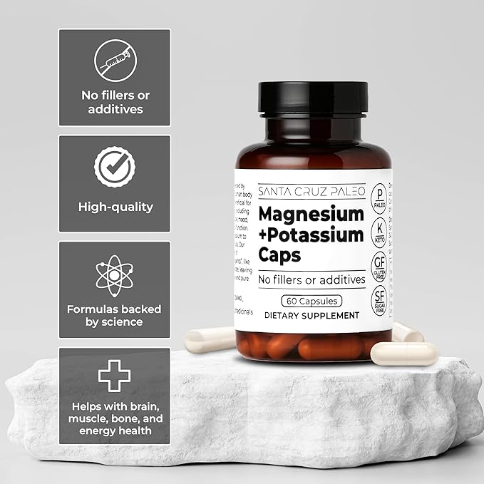 Santa Cruz Paleo Magnesium + Potassium Caps, Supplement for Men and Women, Paleo, Keto, Sugar & Gluten Free, Magnesium Glycinate 166mg and Potassium Citrate 38mg per Serving, American Made, 60 Caps