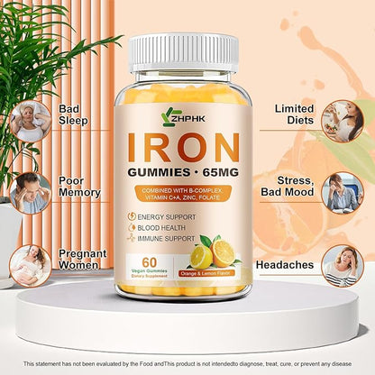Iron Gummies Vitamin Supplement 65mg & Vitamin C 250mg per Serving with B6 B12 Folate- Energy Support for Iron Deficiency, Anemia, Vegan Orange & Lemon Flavor, 120 Count