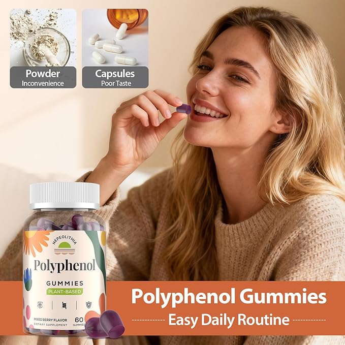 Polyphenol Gummies, Plant-Based Formula with Resveratrol, Elderberry, Grape, Turmeric,Green Tea, Cranberry Extract, Vitamins & Minerals, Superfood Blend, Mixed Berry Flavor, 60 Gummies