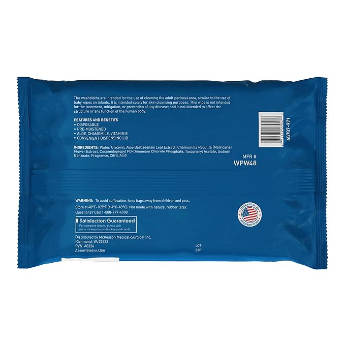 McKesson Washcloth Wipes for Adults, Scented (12 Pack, 576 Washcloths) Disposable Wash Cloths for Body - No-Rinse Formula with Snap Lid - Good for Incontinence and Elderly - 48 Wipes Per Pack