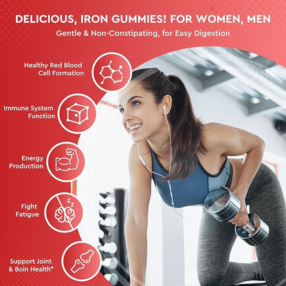 Iron Gummies - with Calcium, Zinc, Folate & Vitamin B12, C, B6 for Adults & Kids - Blood Builder & Energy Support for Iron Deficiency, Anemia, Vegan - 2 Pack Strawberry Flavour,60 Gummies