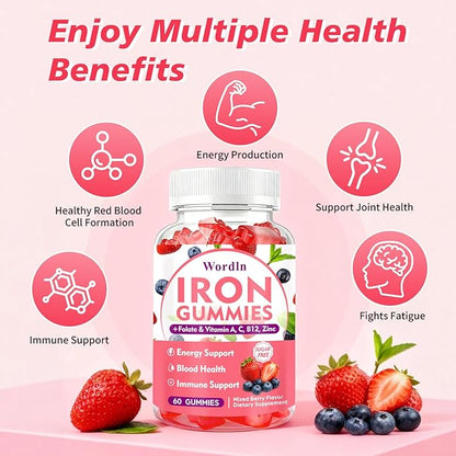 Iron Gummies for Women, Men & Kids, Vegan Iron Supplement with Vitamin C, B12, Folate for Energy Support & Immune Health, Sugar Free, 60 Gummies (Pack of 2)