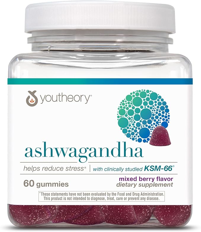 Youtheory Ashwagandha - Vegetarian Energy & Stress Support Supplement with Organic KSM-66 & Ginger Extract - Cane Sugar-Mixed Berry, 60 Gummies (20 Day Supply)
