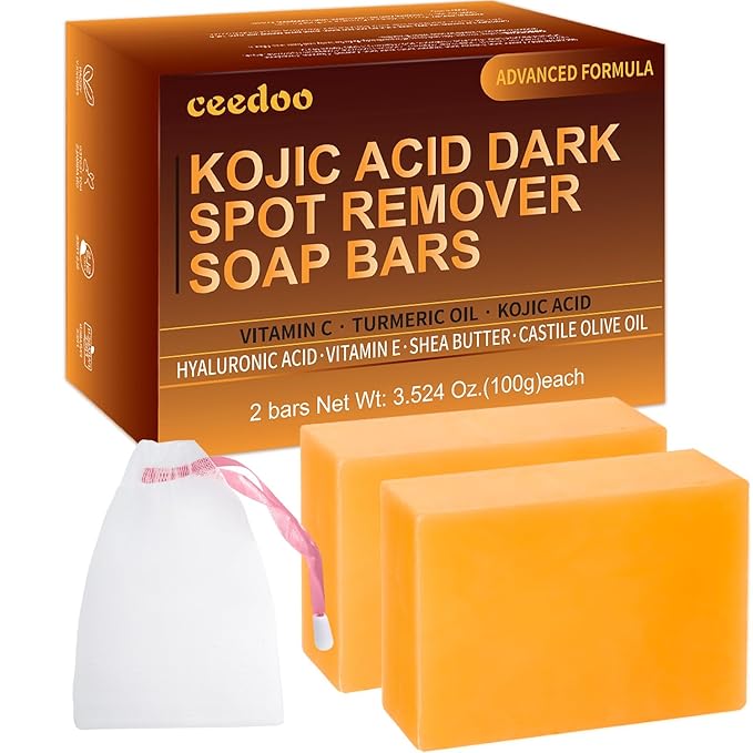 Kojic Acid Soap for Dark Spot Remover Bars with Turmeric, Vitamin C, Retinol, Collagen with Hyaluronic Acid, Vitamin E, Shea Butter, Castile Olive Oil - 3.52 OZ x 2 Bars with Bag