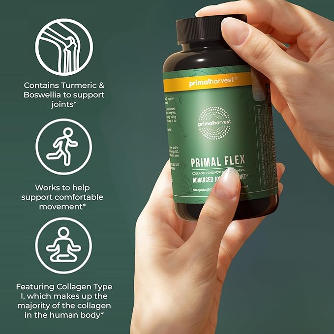 Primal Harvest Primal Flex with Turmeric, Hyaluronic Acid, Type II Collagen and Boswellia for Joint Comfort, Flexibility and Mobility Support (60 Count (1 Pack))