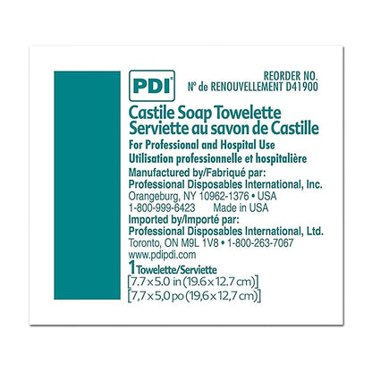 PDI Castile Soap Towelette, 1 Box of 100 Individually Wrapped 7.7"x5" Wipes, Gentle Soap Cleansing Towelettes for Personal Hygiene, Hand & Facial Cleaning, Travel & Patient Care