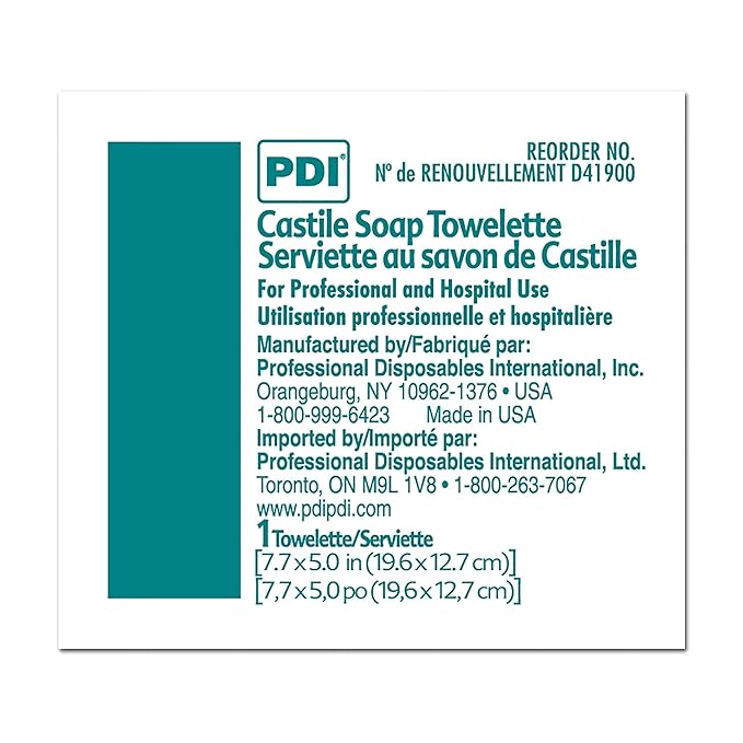 PDI Castile Soap Towelette, 1 Box of 100 Individually Wrapped 7.7"x5" Wipes, Gentle Soap Cleansing Towelettes for Personal Hygiene, Hand & Facial Cleaning, Travel & Patient Care
