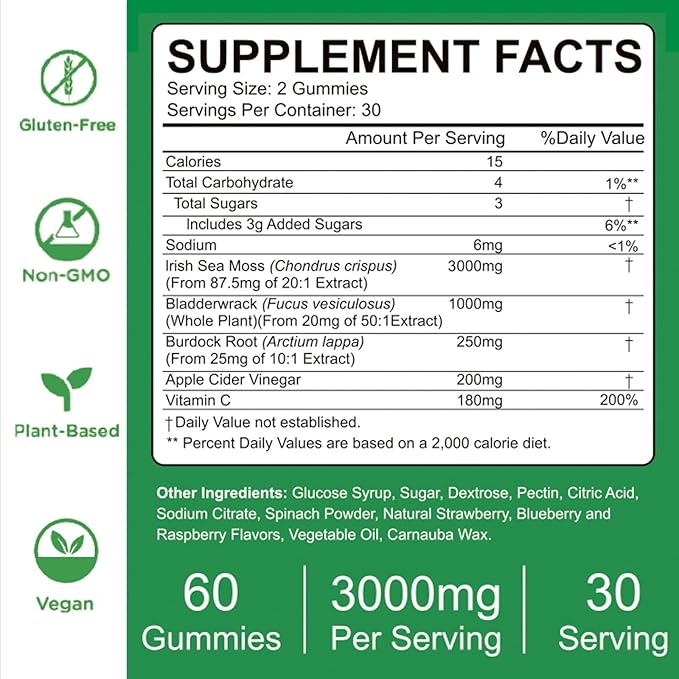 VIFSSG Sea Moss Gummies, 3000Mg Irish Seamoss Gummy Vegan for Adults & Kids with Organic Bladderwrack, Burdock Root and Apple Cider Vinegar Supplement 60 Gummies Pack of 1