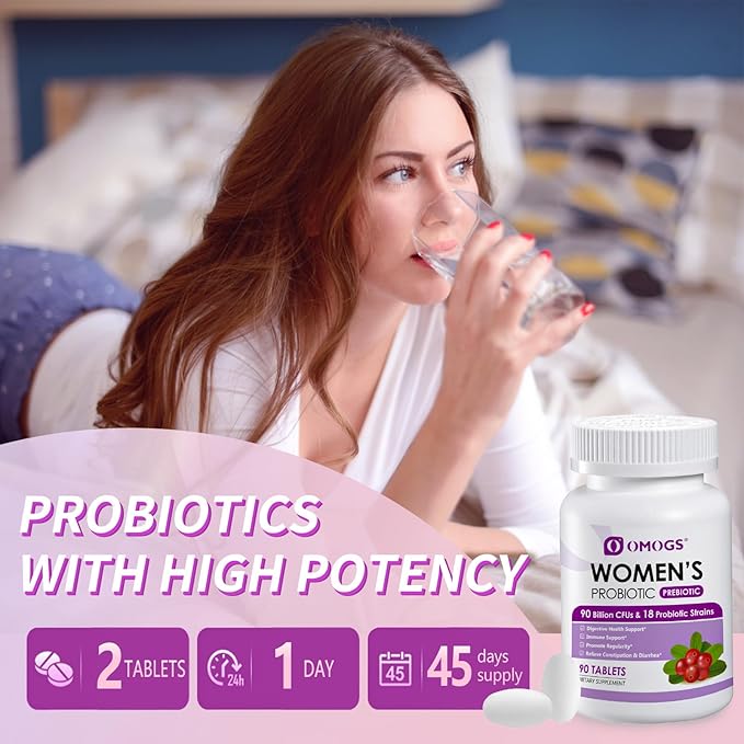 OMOGS 2PCS Women's Probiotic, with Cranberry Extract, Organic Prebiotics & Vitamin C, 90 Billion CFUs,18 Strains, Help for Boost Immune, Digestive, Gut Health & Women's Health,180 Tablets