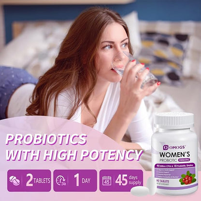 OMOGS 2PCS Women's Probiotic, with Cranberry Extract, Organic Prebiotics & Vitamin C, 90 Billion CFUs,18 Strains, Help for Boost Immune, Digestive, Gut Health & Women's Health,180 Tablets