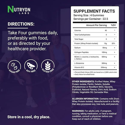 Whey Protein Gummies Zero Carb | 250g Total Protein per Bag |10g per Serving Plant Based 4 in1 Collagen & Vitamin B12 for Men & Women | 0 Sugar Gluten Free Non-GMO Mixed Berry Flavor