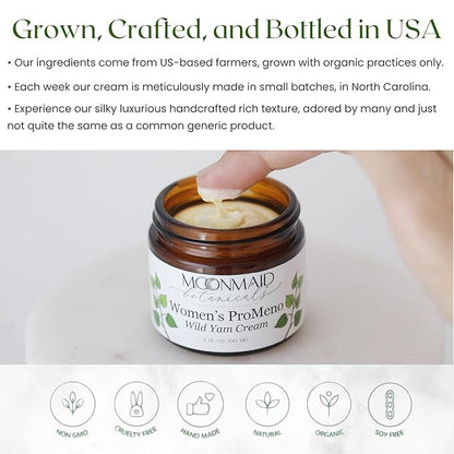 MoonMaid ProMeno Wild Yam Cream for Hormone Balance 2 Oz | Organic Wild Yam Cream for Hormones, Menopause Support, Skin Rejuvenation, Mood Balance, and Improved Sleep | Made in USA
