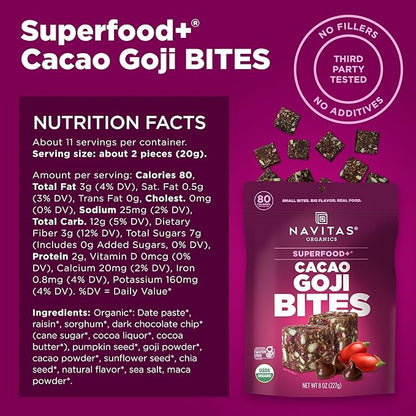Navitas Organics Cacao Goji Superfood+ BITES – Power Snacks – All Natural Plant Based – Clean Energy & Nutrition – USDA Organic, Non GMO, Gluten Free, Soy Free, Kosher, Vegan (8oz. Bag 11 Servings)