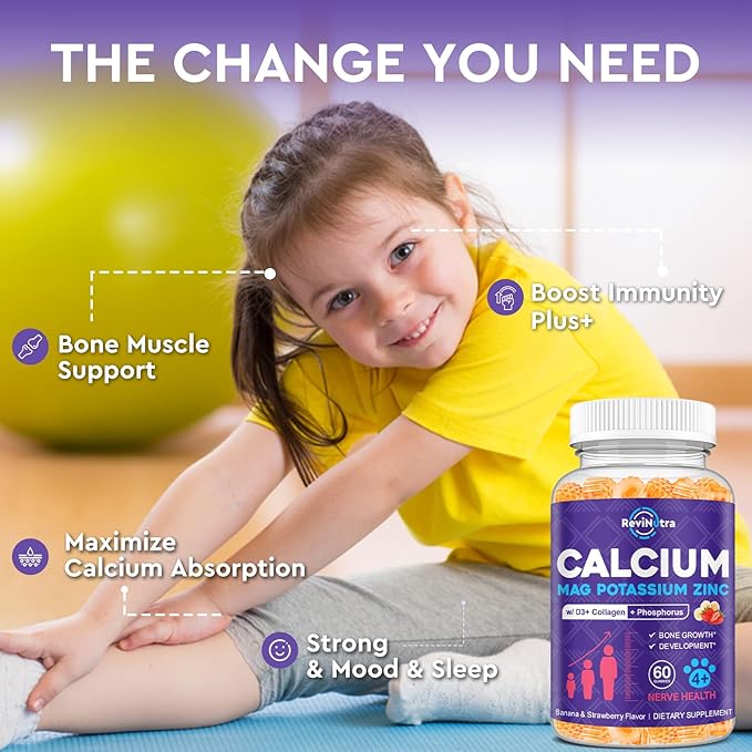 Calcium Potassium Magnesium Gummies for Kids & Adults, Magnesium Potassium Calcium Supplement for Kids, Sleep, Bone Strength, Density Support, Sugar Free, Juice Banana & Strawberry Flavor, 60 Gummies