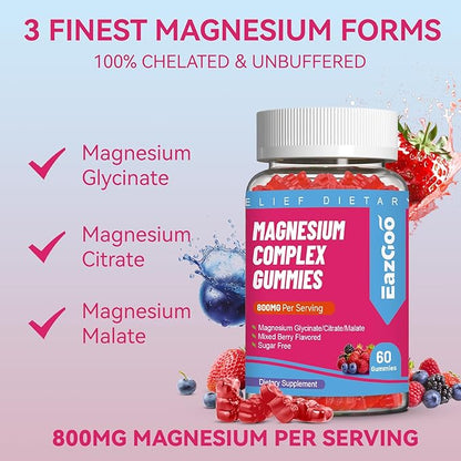 Magnesium Gummies 800mg - Vitamin D3, C, B6, B12 & Zinc Complex with Magnesium Glycinate, Citrate & Malate, Magnesium Complex Gummies for Muscle, Mood & Energy, Vegan 120 Counts