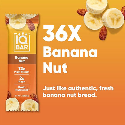 IQBAR Clean Plant Protein Bars - Banana Nut - 36 Count - Keto, Vegan, High Fiber, Gluten and Dairy Free, Low Sugar Snack - Brain and Body Nutrients for Focus, Energy, Meal Replacement