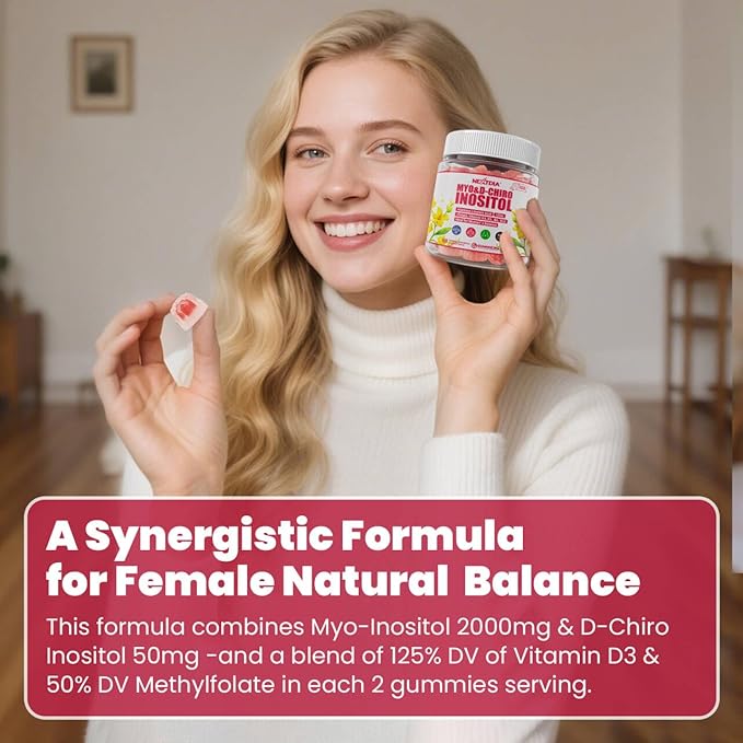 Nextdia Inositol Gummies Supplement with Evening Primrose Oil for Women - 40:1 Ratio Myo-Inositol 2000mg & D-Chiro Inositol 50mg with VIT D3 B12 & Zinc, Sugar-Free for Natural Balance, Vegan (120ct)