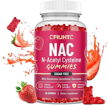 CFILIHTC NAC Gummies 600mg, N Acetyl Cysteine Supplement with Glutathione, Resveratrol, Magnesium, CoQ10, NAC Chewable for Antioxidants & Immune Support, Strawberry Flavor 60 Gummies