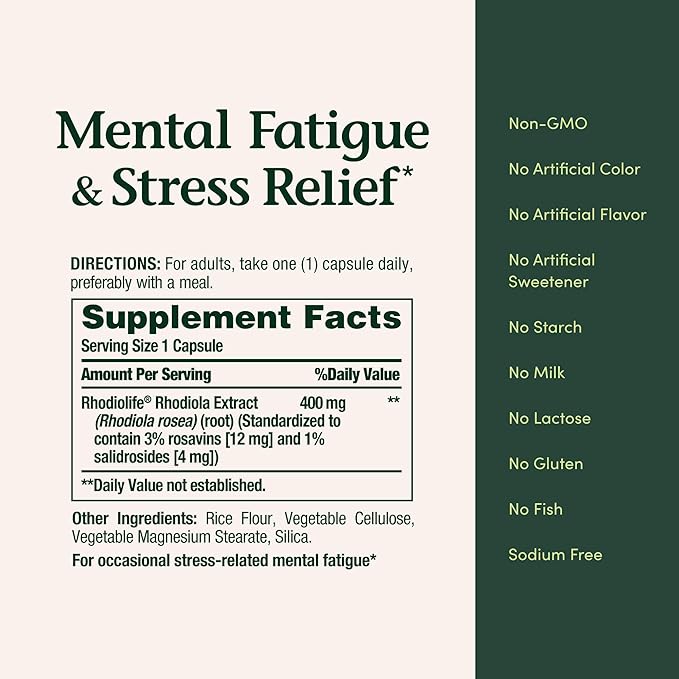 Nature's Bounty Mental Fatigue and Stress Relief, Rhodiola Supplement, 400 mg, Capsules, 30 Count