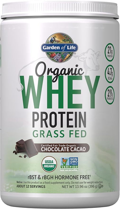 Garden of Life Organic Whey Protein Chocolate Grass Fed Protein Powder – 21g Muscle-Building Powder with Probiotics & BCAAs, Post-Workout Recovery, Hormone-Free, Non-GMO, Gluten-Free, 12 Servings