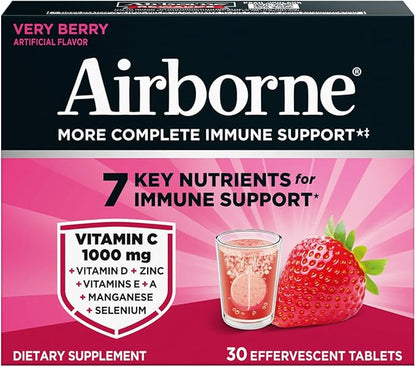 Airborne 1000mg Vitamin C with Vitamin D & Zinc, Sugar Free Multivitamin Immune Support Supplement, Antioxidants Vitamins A C & Vitamin E, 30 Effervescent Tablets, Very Berry Flavor