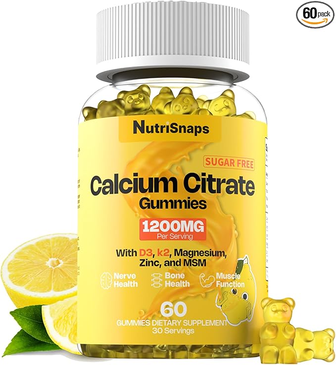 Sugar Free Calcium Citrate Gummies 1200mg with Vitamin D3 K2, Magnesium, Zinc, MSM for Men & Women, Bone, Muscle, Immune Support, Ultimate Absorption Calcium Supplement, Vegan, 60 Count