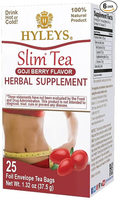Hyleys Slim Tea Goji Berry Flavor - Weight Loss Herbal Supplement Cleanse and Detox - 25 Tea Bags (6 Pack)