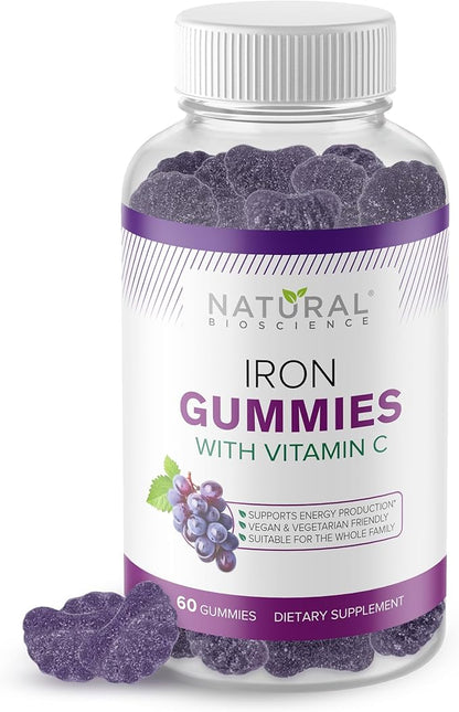 Iron Gummies with Vitamin C - Chewable Iron Supplement for Adults & Kids, Iron Deficiency Anemia, Red Blood Cell Support, Energy, Immune Function, Brain Health, Max Absorption, 60 Vegan Gummies