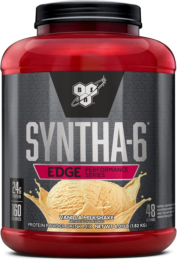 BSN SYNTHA-6 EDGE Protein Powder, Vanilla Flavored Powder with Hydrolyzed Whey, Micellar Casein, for Muscle Gain, Low Sugar, 24g Protein, Vanilla Milkshake, 48 Servings, 4.01 Pound (Pack of 1)