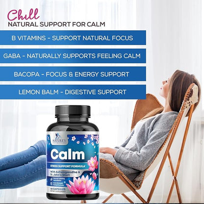 Stress Support Supplement - Extra Strength Ashwagandha, GABA, Magnesium, L-Theanine for Relief - Supports Mood & Focus - Naturally Calm, Unwind & Relax - Eases Tension & Nervousness - 60 Capsules
