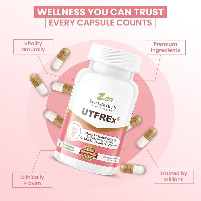 ZEN LIFE HERB UTFREx – Fast Acting - Promotes Urinary Tract Health Supports Healthy Immune and Urinary System, No Vitamins, Minerals, Prebiotics, Sugar, Plant-Based Supplement (60 Capsules)