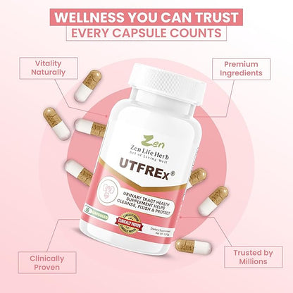 ZEN LIFE HERB UTFREx – Fast Acting - Promotes Urinary Tract Health Supports Healthy Immune and Urinary System, No Vitamins, Minerals, Prebiotics, Sugar, Plant-Based Supplement (60 Capsules)